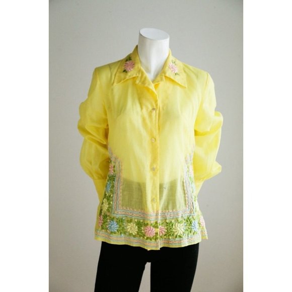 Vintage 70s Yellow Floral Embroidered Long Sleeve button down  Blouse Top S - Picture 2 of 9